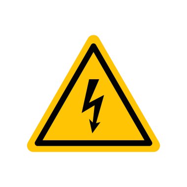 High voltage sign. Black danger icon on yellow triangle symbol. Vector illustration of electricity voltage. Hazard symbol. Danger pictogram, warning sign icon. Informing about risk and caution.