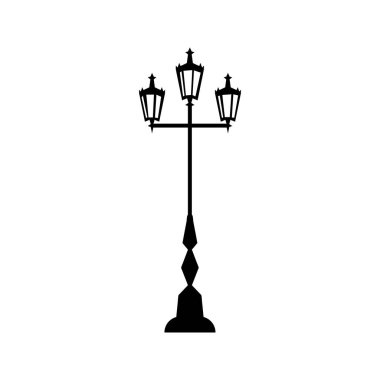 Silhouette of an old street light. Subject of street architecture, decorative street lighting. Black silhouette, vector illustration isolated on white background. Old vintage classic streetlight.