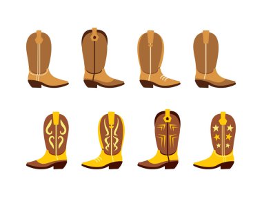 Kovboy çizmeleri çizim seti. Texas rodeosu, batı teması. Klasik deri kovboy çizmeleri. Vahşi Batı. Basit kovboy ayakkabıları, düz vektör çizimleri beyaz arka planda izole edilmiş.