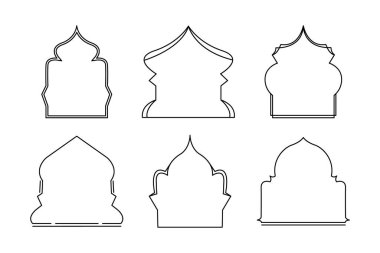 İslami çerçeveler ayarlandı, Ramazan ayları geleneksel çizgi penceresi. Siyah dış hatlar Arap çerçevesi. Vektör Ramazan doğu yayı, kemer ayarlandı. Mübarek bayramı dini çerçevesi.