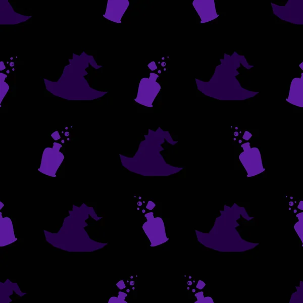 ハロウィン怖いパターン カラフルな魔女の魔法のプリント 秋の壁紙やパーティーの背景 生地のための 包装紙のための シンプルな魔法のシルエットとハロウィンシームレスパターン — ストックベクタ