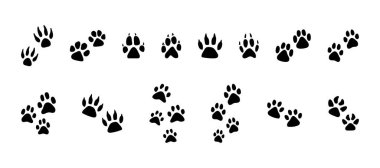 Bir dizi siyah vektör pençe izi. Hayvan baskıları siluetleri, hayvan koruma teması için illüstrasyon koleksiyonu, doğa koruma alanları, evsiz hayvan barınakları, hayvan mağazaları ve veteriner klinikleri..