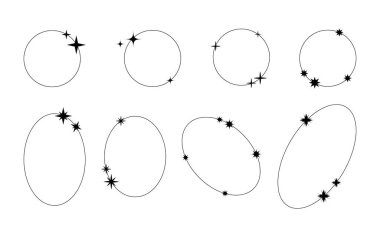 Estetik doğrusal çerçeveleri ayarlayın, boho stili. Düğün davetiyeleri için, estetik tasarım için, dekorasyon için, şenlik kolajları için. Yıldızlı ve parıltılı modern minimalist çerçeveler, basit geometrik şekiller.