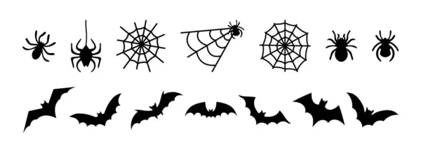 Set Bats Spiders Cobwebs Isolated White Background Vector Illustration Traditional — Stock Vector