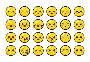 Cute yellow emotional faces. Set of colorful flat icons with different emotions and character. Sad and happy, funny and angry, in love mood, laughing and crying. Round mood faces. Yellow emoticons clipart