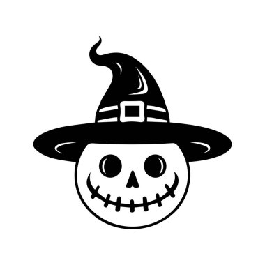 Şapka siluetinde komik bir yüz, beyaz arka planda izole edilmiş. Cadılar Bayramı silueti, korkunç tasarım ya da dekorasyon için siyah kabak suratlı logo. Vektör illüstrasyonu, geleneksel Cadılar Bayramı dekoratif unsuru.