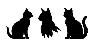 Beyaz arka planda izole edilmiş siyah kediler. Kedi siluetleri, evsiz hayvan barınağı logosu için kara kedi. Hayvan teması. Vektör illüstrasyonu, Cadılar Bayramı dekoratif unsurları.