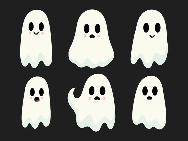Definir Fantasmas Bonitos Com Rostos Engraçados Ilustração Vetorial Elementos Decorativos — Vetor de Stock