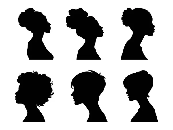 Set Vector Simple Black Silhouette Woman Side View Face Neck — Stock Vector