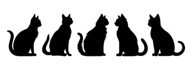 Kedi siluetleri, evsiz hayvan barınağı logosu için kara kedi. Hayvan teması. Beyaz arka planda izole edilmiş siyah kediler. Vektör illüstrasyonu, Cadılar Bayramı dekoratif unsurları.