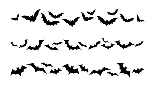 Установить границы летучих мышей. Векторная иллюстрация, традиционные декоративные элементы Хэллоуина. Силуэты Хэллоуина черные летучие мыши шаблоны линий - для оформления декора.
