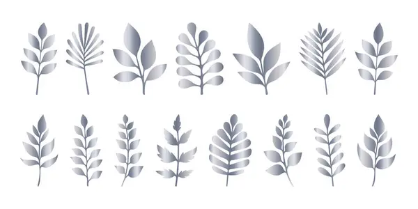 Set Silver Leaves Silhouette Herbal Decorative Element Natural Plant Gradient — Stock Vector