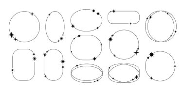 Estetik çizgiler ayarlayın, boho stili. Yıldızlı, parıltılı, basit geometrik şekilli modern minimalist çerçeveler. Düğün davetiyeleri, estetik tasarım ve dekorasyon için, festival kolajları için..