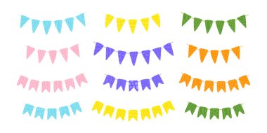 Renkli bayrak seti. Şenlikli tasarım, dekor, bebek dekorasyonu için. Şirin flamalar, renkli bayraklar kur. Farklı bayramlar, partiler ve doğum günleri için süslü çelenkler..