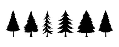Noel ağacı seti. Doğanın dekoratif unsurları ve orman ağaçları siyah siluetler. Çam, köknar, ladin çizimi. Kış tatili için basit bir Noel ağacı silueti çiz