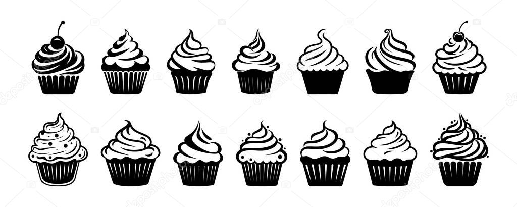 Set of black cupcakes, muffin logo. Pastry shop logo. Vector illustrations isolated on white background. Can be used as icon, sign or symbol - cupcake silhouette, cake, sweet pastries, muffin.