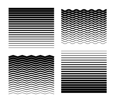 Sönen çizgiler ayarlandı. Çizgili desen. Yarım Tonluk Gradyan Çizgileri. Minimalist afişler ve posterler için siyah dalgalı ve zikzak çizgileri. Geometrik arkaplan.