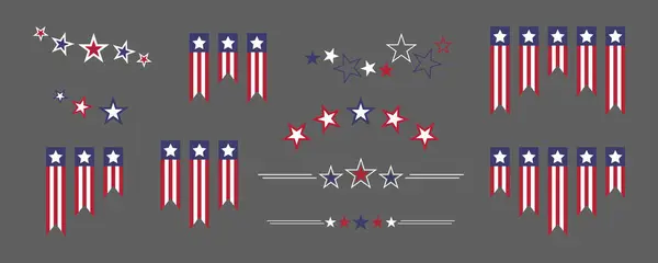 Anma Günü, Amerika ulusal bayramı için hazırlanıyor. Birleşik Devletler dekoratif unsurları ayarlandı. ABD bayrak süslemeleri. Gaziler Günü, ABD seti. Bayraklar ve yıldızlar. İşçi Bayramı çizimleri. 4 Temmuz.
