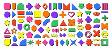 Acımasız elementler büyük set. Neogaddarlık stili. Neugaddarlık geometrik soyut şekiller. 2000 dolar. Retro Vintage şekilleri. Parlak modern, moda ve çağdaş tasarımlar için. Eşsiz ve renkli kolajlar için.