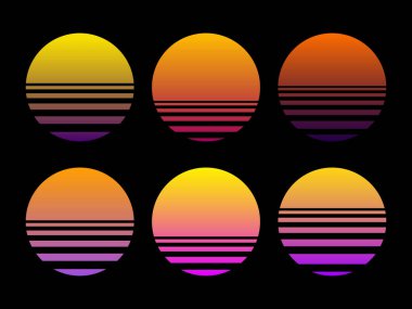 Siyah arkaplanda gün batımı gradyanı. Geleceğe özgü arka plan, geçmişe dönük günbatımı ve gündoğumu. 80 'ler ve 90' lar tarzında çizgili güneşin vektör çizimi. Siber punk tarzında güneş arkaplanı.