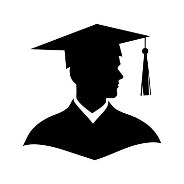 Mezuniyet ikonu. Eğitim logosu. Siyahi eğitim logosu, akademik başarı ve bilgiyi sembolize eden havan topu ikonu içindeki öğrenciyi temsil ediyor. Vektör çizimi. Mezun siyah siluet.