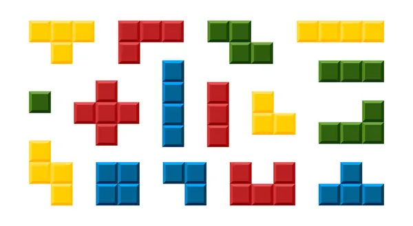 Tetris Oyun Blokları vektör kümesi. Renkli ve geometrik şekiller klasik video oyununu andırıyor. Oyunlarla ilgili tasarımlar, retro temaları veya nostaljik dokunuşu hedefleyen yaratıcı projeler için ideal.