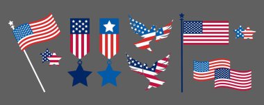 4th of July Independence Day. United States decorative elements set. USA flag. Memorial Day, US set for American national holiday. Veterans day set. Bunting flags and stars. Labor Day illustrations. clipart