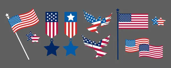 4 Temmuz Bağımsızlık Günü. Birleşik Devletler dekoratif unsurları ayarlandı. Amerikan bayrağı. Anma Günü, Amerika ulusal bayramı için hazırlanıyor. Gaziler günü ayarlandı. Bayraklar ve yıldızlar. İşçi Bayramı illüstrasyonları.
