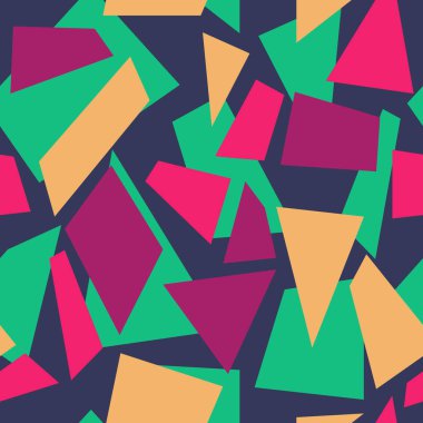 Minimalist soyut retro desen, renkli cam baskı, geometrik mozaik zemin. Soyut şekilli kusursuz geometrik desen. Kumaş, tekstil veya duvar kağıdı için klasik hipster baskısı.