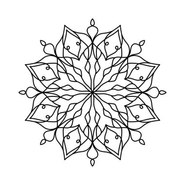 Yetişkin boyama kitabı için mandala taslağı. Geometrik çiçek şekli. Yuvarlak çiçek süsü. Oryantal illüstrasyon, stres önleyici terapi, yoga ve meditasyon için. Ayrıntılı geometrik desen ve simetri.