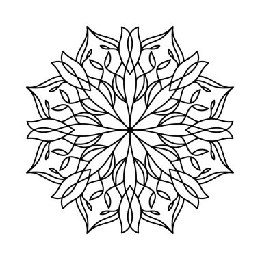 Yetişkin boyama kitabı için mandala taslağı. Geometrik çiçek şekli. Yuvarlak çiçek süsü. Oryantal illüstrasyon, stres önleyici terapi, yoga ve meditasyon için. Ayrıntılı geometrik desen ve simetri.