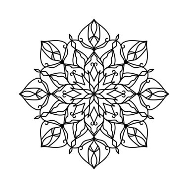 Uyum ve denge için çiçek mandala, meditasyon, rahatlama ya da sanatsal ilham için mükemmel. Ayrıntılı, simetrik deseni beyaz arka planda siyah olan karmaşık izole çizgi mandala