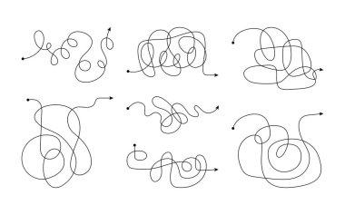 Kara kaotik oklar hazır. Karalama elementleri. Şık ve modaya uygun dizayn veya dekor yaratmak için karışık oklar, yön göstergesi. Dekoratif vektör oku beyaz arkaplanda izole edildi.