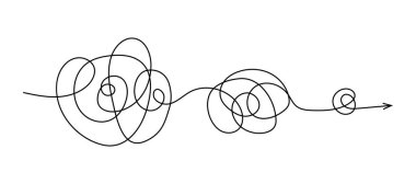 Okla çözünen çizgi, sürekli dönen ve kıvrılan bir iplik sergiliyor. Karmaşıklığı ve hareketi simgeliyor. Karışık düzensizlik sıra hattına dönüşür. İzole edilmiş ayrıştırma çizgisi.