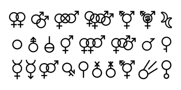 Biseksüeller, biseksüeller, cinsiyetler arası semboller. LGBT cinsiyet işaretleri ayarlandı. Birbirine kenetlenmiş cinsiyet sembolü. Transseksüel, transfeminist semboller. Aseksüel, Androgyne işaretleri. Gurur Ayı, LGBTQ topluluğu.