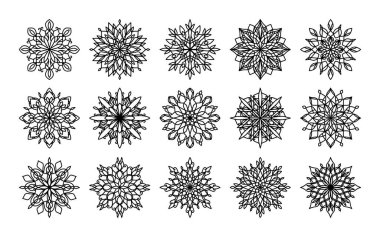 Kağıt kesiği ve lazer kesiği için mandala ana hatlı siluet. Çizgi sanatı çiçekli mandala boyama kitabı için, boyama sayfaları için. Çiçek geometrik şekilli siyah etnik mandala ikonu. Asya, Hint sanatı