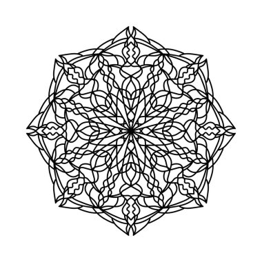 Boyama kitabı ve boyama sayfaları için basit bir mandala tasarımı. Simetrik geometrik mandala sanatı. Vektör el mandala simgesi çizdi. Çiçekli dövme, kınalı tasarım. Ruhanilik sembolü. Kutsallık işareti.