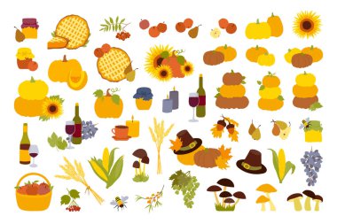 Düz vektör simgeleri Mutlu Teşekkürler beyaz arkaplanda izole edilmiş gündüz çizimleri veriyor. Şükran Günü illüstrasyonu. Balkabağı, turta ve şarap, sonbahar mantarı, sonbahar hasadı sebze ve meyve.