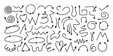 Elle çizilmiş basit siyah oklar. Karalama oku elementleri. Moda tasarım ya da dekor yaratmak için oklar, yön göstergesi. Beyaz arkaplanda izole edilmiş vektör çizimleri. El çizilmiş oklar ayarlandı