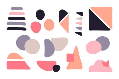 Modern ve çağdaş tasarım yaratmak için el yapımı elementler. Amoeba rastgele vektörü klasik renklerle izole edilmiş şekiller, retro pankartlar ve posterler yaratmak için soyut bohça. Soyut şekiller ayarlandı.