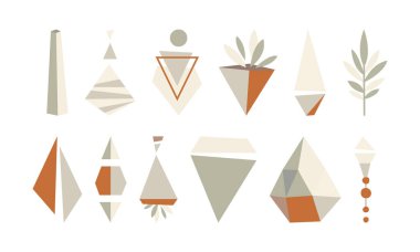 Pastel bohem renklerinde boho dekoratif geometrik elementler. Yaratıcı ve uyumlu tasarım ve dekorasyon için. Modern ve modaya uygun vektör dekoratif antika elementler kümesi.