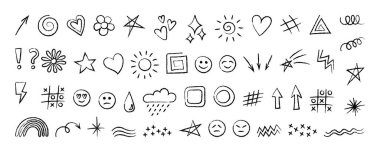 Çocuklar için büyük el karalamaları. Beyaz arka planda izole edilmiş vektör çizimlerinin toplanması - kalpler, gülücükler, oklar ve benzerleri. Dekoratif elementler - çiçekler, yıldızlar ve hava durumu.