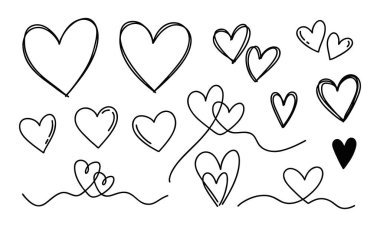 Basit, farklı kalp setleri, Sevgililer Günü projeleri için romantik aşk doğrusal unsurları. Beyaz arka planda elde çizilmiş siyah kalpler. Hoş yazılar, sosyal medya ve romantik tasarımlar için..