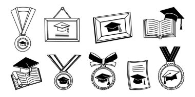 Mezuniyet el çizimleri seti. Mezuniyet ödülü ve madalyalı siyah vektör illüstrasyonu. Mezuniyet şapkası ya da şapkası olan üniversite kitapları. Diploma ve sertifika..