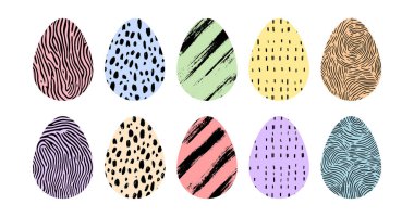 Süslü Paskalya yumurtaları. Paskalya için basit bir illüstrasyon. Beyaz arka planda izole edilmiş süslemeli yumurtalar. Bahar çizimi, pastel renkli desenli yumurtalar tebrik kartları için.