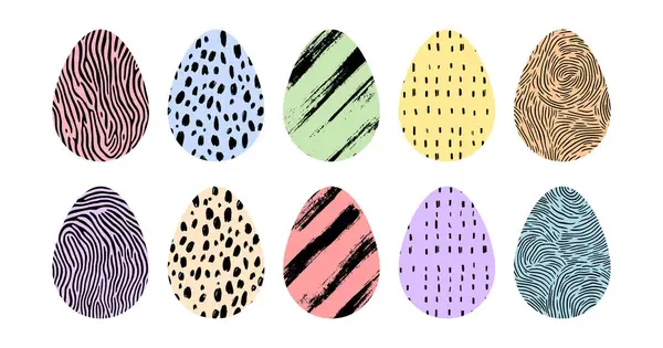 Süslü Paskalya yumurtaları. Paskalya için basit bir illüstrasyon. Beyaz arka planda izole edilmiş süslemeli yumurtalar. Bahar çizimi, pastel renkli desenli yumurtalar tebrik kartları için.