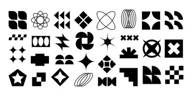 Siyah logo vahşeti seti. Vahşilik öğeleri. 2000 dolar. Neogaddarlık stili. Neugaddarlık geometrik soyut şekiller. Retro Vintage siyah şekiller. Eşsiz ve kontrast kolajları için, çağdaş tasarım için