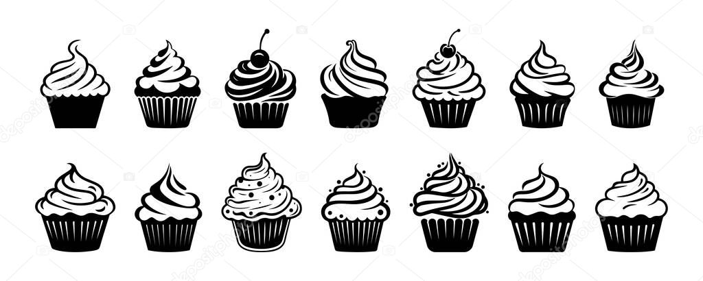 Black cupcakes set, muffin logo. Pastry shop logo. Vector illustrations isolated on white background. Can be used as icon, sign or symbol - cupcake silhouette, cake, sweet pastries, muffin icon.