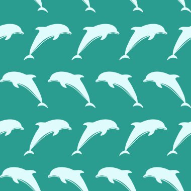 Canlı deniz mavisi arka planında yüzen açık deniz mavisi yunuslarıyla kusursuz bir desen. Tekstil ve arka planlar için taze ve enerjik deniz temalı tasarım. Vector deniz sevimli bebek kusursuz desen.