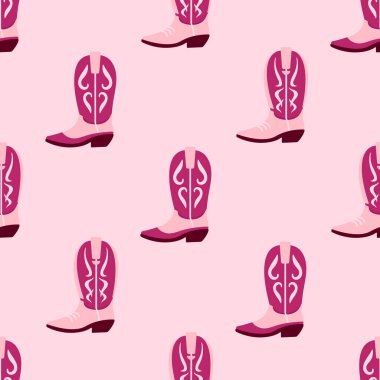 Pembe ve bordo renkli, kusursuz desenli açık pembe arka planda kovboy çizmeleri. Tekstil ve arka planlar için batı temalı ve eğlenceli kız tasarımı. Vektör kovboy çizmeleri, disko duvar kağıdı..